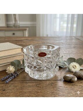 Vintage Gorham Heavy Cut Crystal Hexagon Votive Candle Holder Star Slovenia 3”